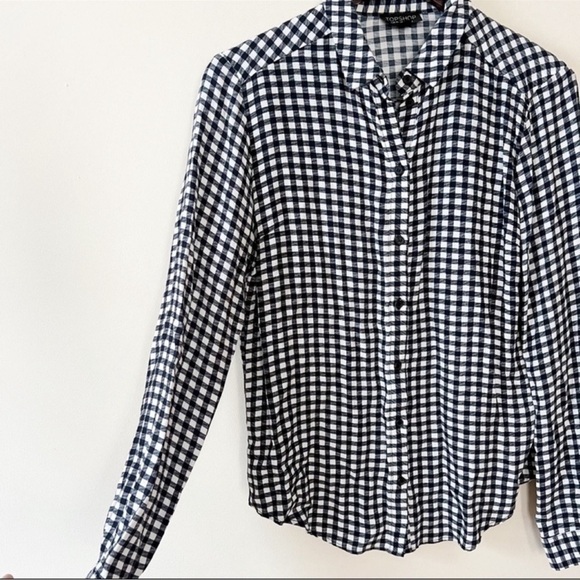 Topshop Plaid Print Button Down Top Long Sleeves Size 8 Blue/white Lightweight - Picture 2 of 6